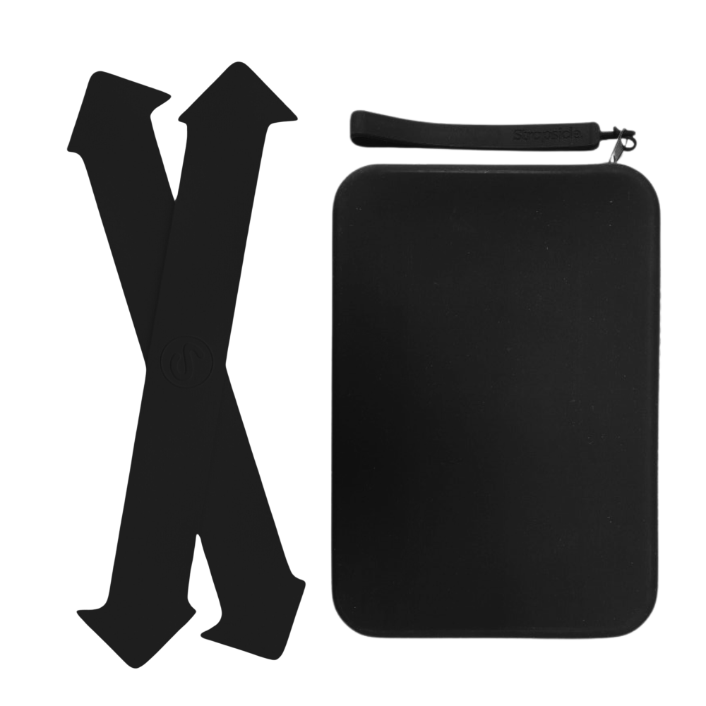 Black Clutch Bag with handle for handheld device and black straps made with high grade, silky-soft silicone, companion for a comfy, secure grip that makes reading anywhere drop-free! - Buy Kindle Accessories Direct