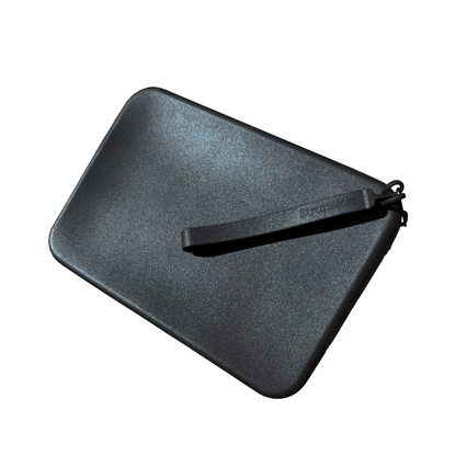 designed for adventure, bold and shiny black onyx clutch bag with handle for e-readers like kindle and kobo, ready for handheld device safely in place 